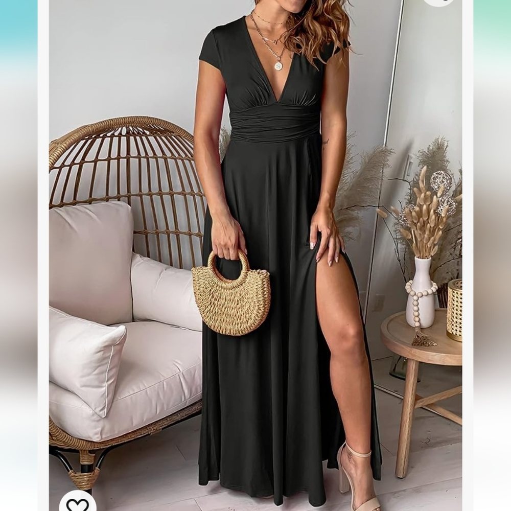 ANRABESS DeepV Neck Short Sleeve NWT Pleated High Waist Slit Maxi Dress Party S - Picture 2 of 16